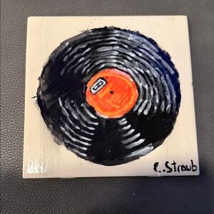 Signed Vinyl Record Art Tile - Orange and Black 6”x6”